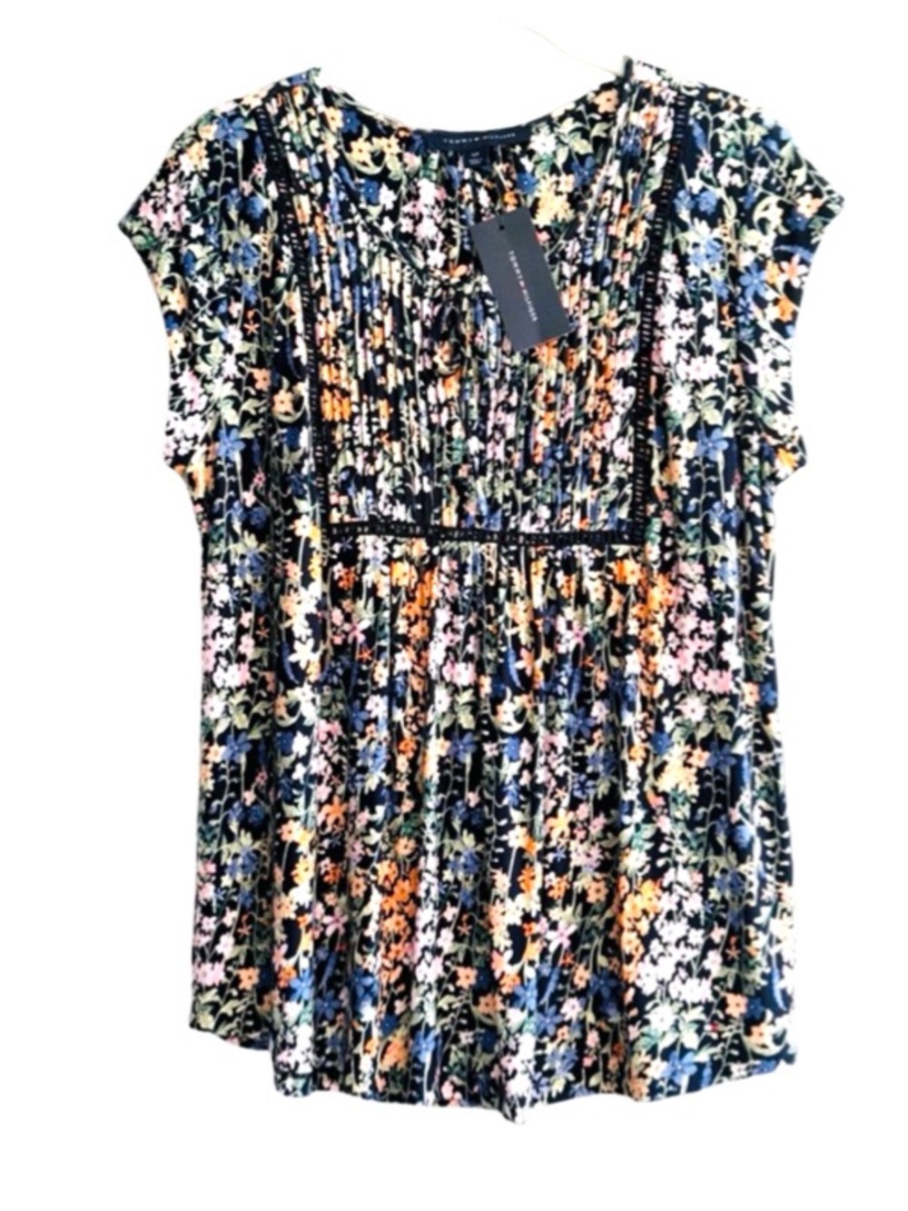 NEW Tommy Hilfiger Cap Sleeve Blouse Pintuck Ladder Trim Navy Blue Multi Size S